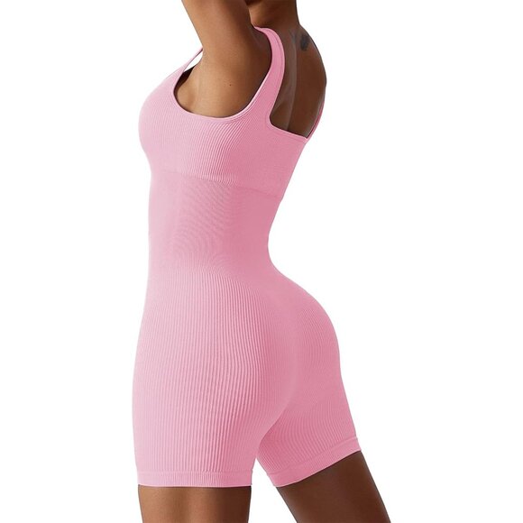 🆕 Women Pink Yoga Jumpsuit Ribbed One Piece Tank Top Sleeveless Bodycon Sport - Picture 2 of 4